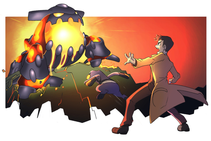 1boy battle black_hair brown_coat coat croagunk heatran jumping looker_(pokemon) looking_at_another male_focus molten_rock open_mouth pants pokemon pokemon_(creature) pokemon_(game) pokemon_dppt standing teeth vergolophus