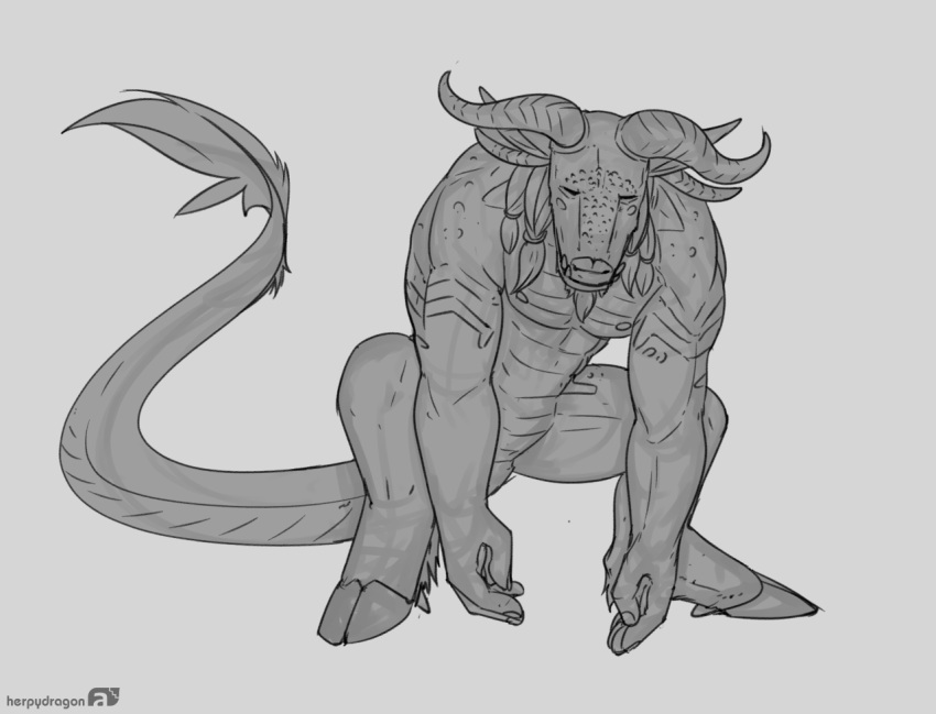 accessory alcelaphine antelope anthro bovid bovine eyes_closed gnu hair hair_accessory herpydragon hooves horn hybrid looking_down mammal reptile reptile_tail scales scalie squat_position squatting_position varoch_(character)