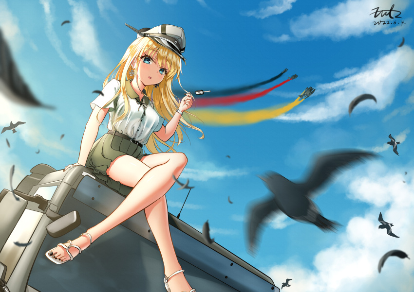 1girl absurdres alternate_costume bird bismarck_(kancolle) black_nails blonde_hair blue_eyes blue_sky cloud cross cross_earrings day earrings fritz614 green_skirt grey_headwear ground_vehicle hat highres iron_cross jewelry kantai_collection miniskirt motor_vehicle outdoors peaked_cap pleated_skirt seaplane shirt short_sleeves sitting_on_car skirt sky solo truck white_shirt