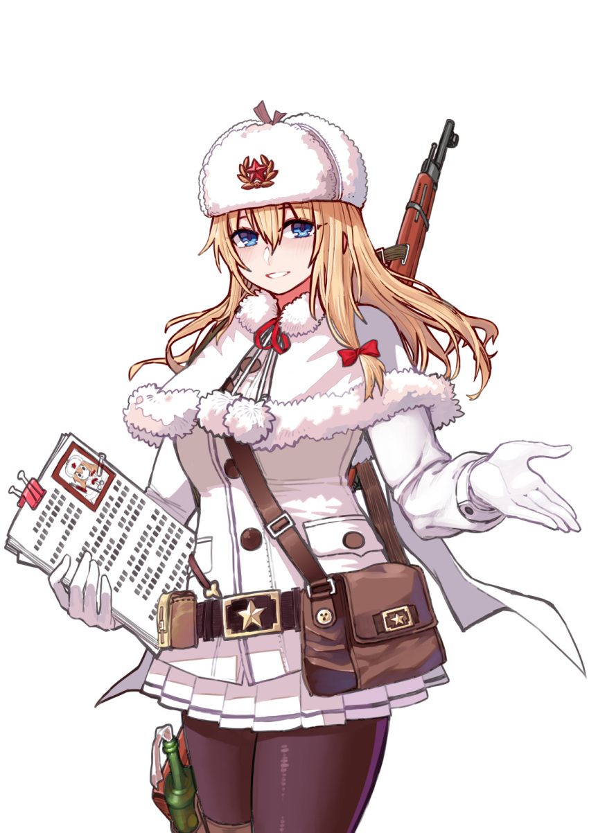 1girl black_legwear blonde_hair blue_eyes bolt_action cowboy_shot fur-trimmed_shawl fur_hat girls'_frontline gloves gun hat highres jacket long_hair long_sleeves miniskirt molotov_cocktail mosin-nagant mosin-nagant_(girls'_frontline) pantyhose pleated_skirt red_star rifle shawl skirt solo standing ushanka weapon white_gloves white_headwear white_jacket white_shawl white_skirt z.s.w.