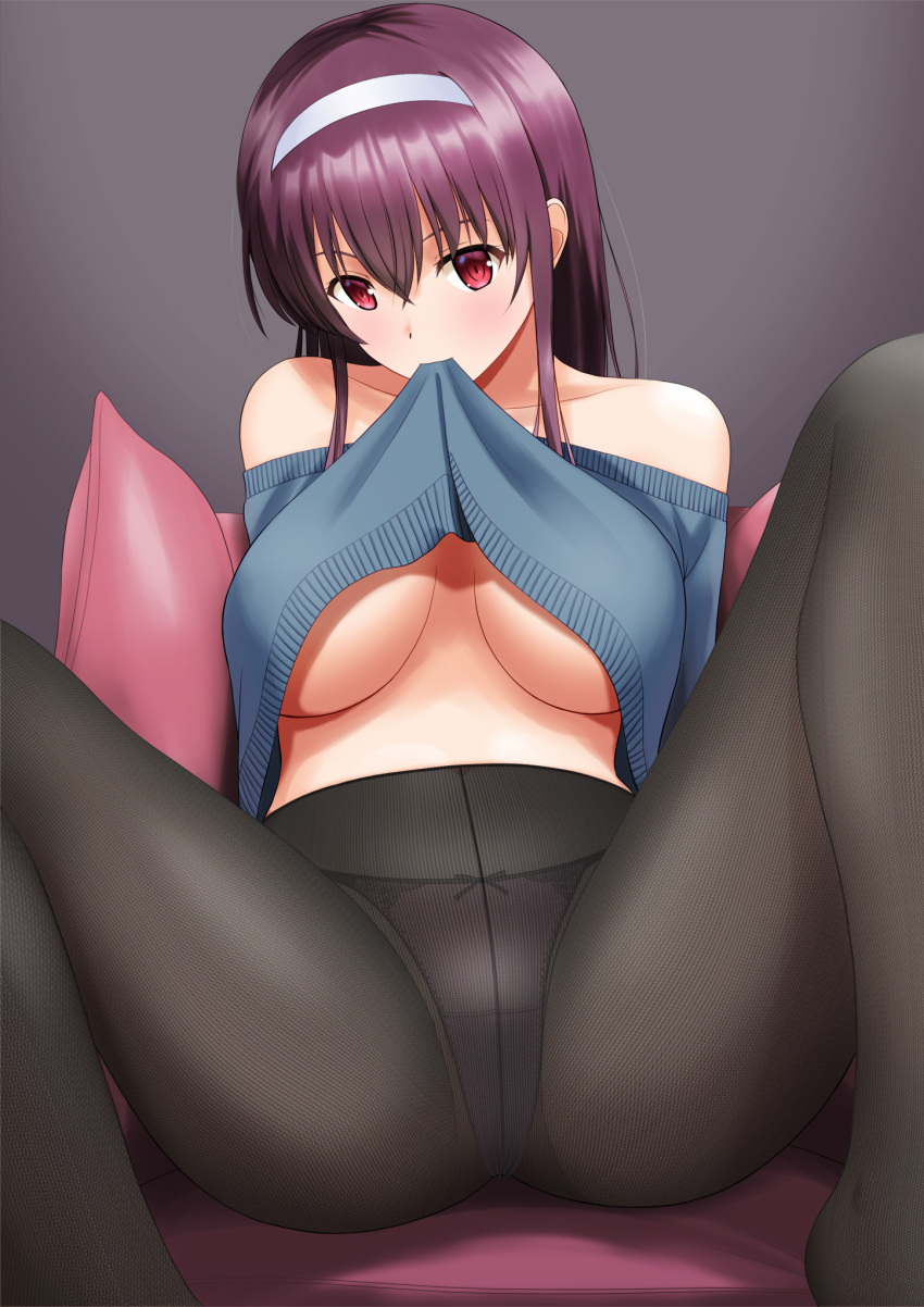 1girl bangs bare_shoulders black_legwear blue_sweater breasts clothes_lift crotch cushion feet_out_of_frame grey_background hair_between_eyes hairband highres kasumigaoka_utaha knees_up large_breasts leaning_back lifted_by_self long_hair looking_at_viewer mouth_hold off-shoulder_sweater off_shoulder panties panties_under_pantyhose pantyhose purple_hair red_eyes saenai_heroine_no_sodatekata satou_chagashi sidelocks sitting solo spread_legs straight_hair sweater sweater_lift underboob underwear white_hairband