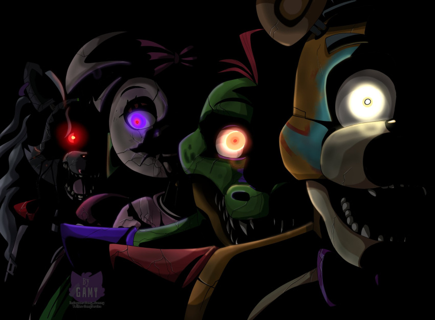 2boys 2girls artist_logo artist_name breaking chica dark fangs five_nights_at_freddy's five_nights_at_freddy's:_security_breach freddy_fazbear gamyservice glamrock_chica glamrock_freddy glowing glowing_eyes highres long_hair looking_at_viewer montgomery_gator multiple_boys multiple_girls open_mouth orange_eyes pads purple_eyes red_eyes robot roxanne_wolf_(fnaf) tongue twitter_username yellow_eyes