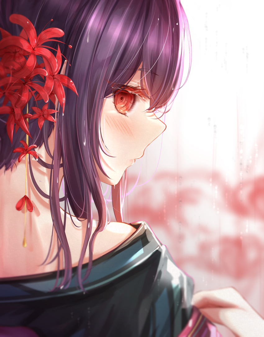 1girl absurdres bangs blush flower hair_between_eyes hair_flower hair_ornament highres idolmaster idolmaster_shiny_colors looking_away looking_to_the_side morino_rinze nape portrait profile purple_hair red_flower sky_cappuccino solo spider_lily