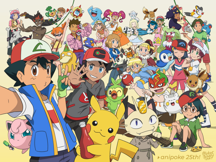 angry ash_ketchum backwards_hat bonnie_(pokemon) brock_(pokemon) chloe_(pokemon) cilan_(pokemon) closed_eyes closed_mouth dawn_(pokemon) eevee goh_(pokemon) hair_ornament hair_ribbon happy hat highres iris_(pokemon) james_(pokemon) jessie_(pokemon) jigglypuff ketchup ketchup_bottle kiawe_(pokemon) lana_(pokemon) lillie_(pokemon) looking_at_viewer lukas_thadeu mallow_(pokemon) maxie_(pokemon) may_(pokemon) meowth misty_(pokemon) morpeko multiple_boys multiple_girls one_eye_closed open_mouth pen pikachu poke_ball pokemon pokemon_(anime) pokemon_(creature) pokemon_(game) pokemon_bw pokemon_sm pokemon_xy psyduck ribbon rotom rotom_dex serena_(pokemon) smile sophocles_(pokemon) sunglasses togedemaru tracey_sketchit wobbuffet yellow_background