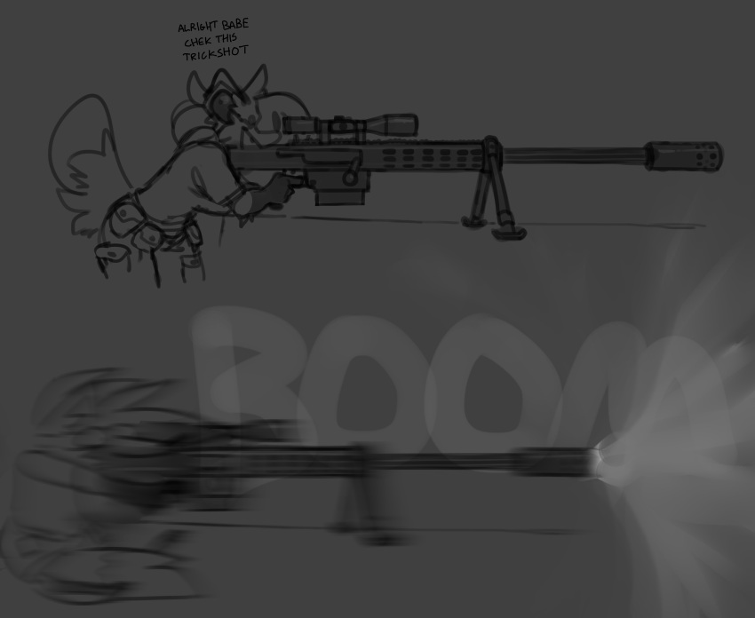 absurd_res anthro canid canine clothing earmuffs female fox gun hi_res mammal monochrome pepper_(sketchytoasty) ranged_weapon rifle shirt shooting simple_background sketchytoasty sniper_rifle solo topwear weapon