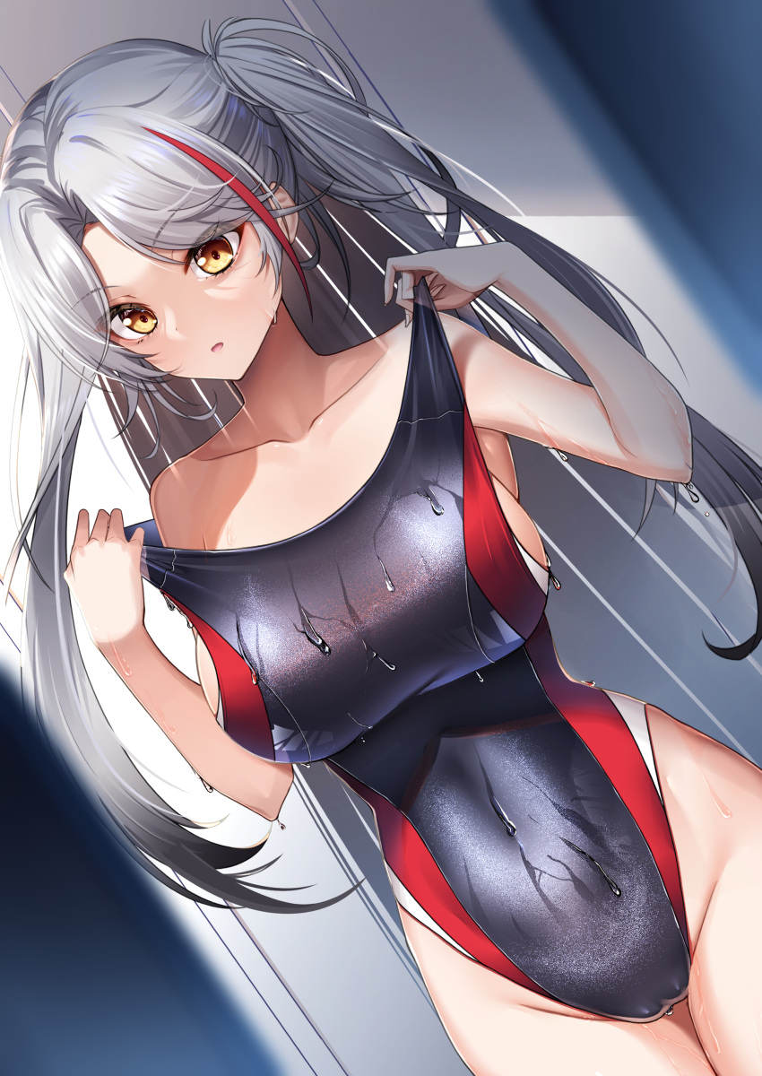 1girl absurdres azur_lane blush breasts cameltoe clothes_pull collarbone commission dutch_angle grey_hair highres inui_kentarou large_breasts long_hair looking_at_viewer multicolored_hair one-piece_swimsuit prinz_eugen_(azur_lane) skeb_commission solo streaked_hair swimsuit swimsuit_pull two-tone_swimsuit two_side_up very_long_hair wet yellow_eyes