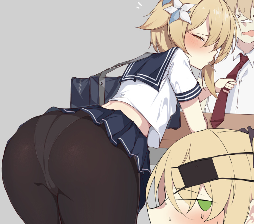 1boy 2girls aether_(genshin_impact) ass bag bent_over blonde_hair blue_skirt brown_legwear crop_top crop_top_overhang duffel_bag eyepatch fischl_(genshin_impact) flower from_behind genshin_impact green_eyes hair_flower hair_ornament kkry99 looking_at_viewer looking_back lumine_(genshin_impact) midriff miniskirt mouth_hold multiple_girls orange_eyes panties panties_under_pantyhose pantyhose pleated_skirt sailor_collar school_uniform serafuku shirt short_hair short_sleeves skirt standing underwear white_shirt