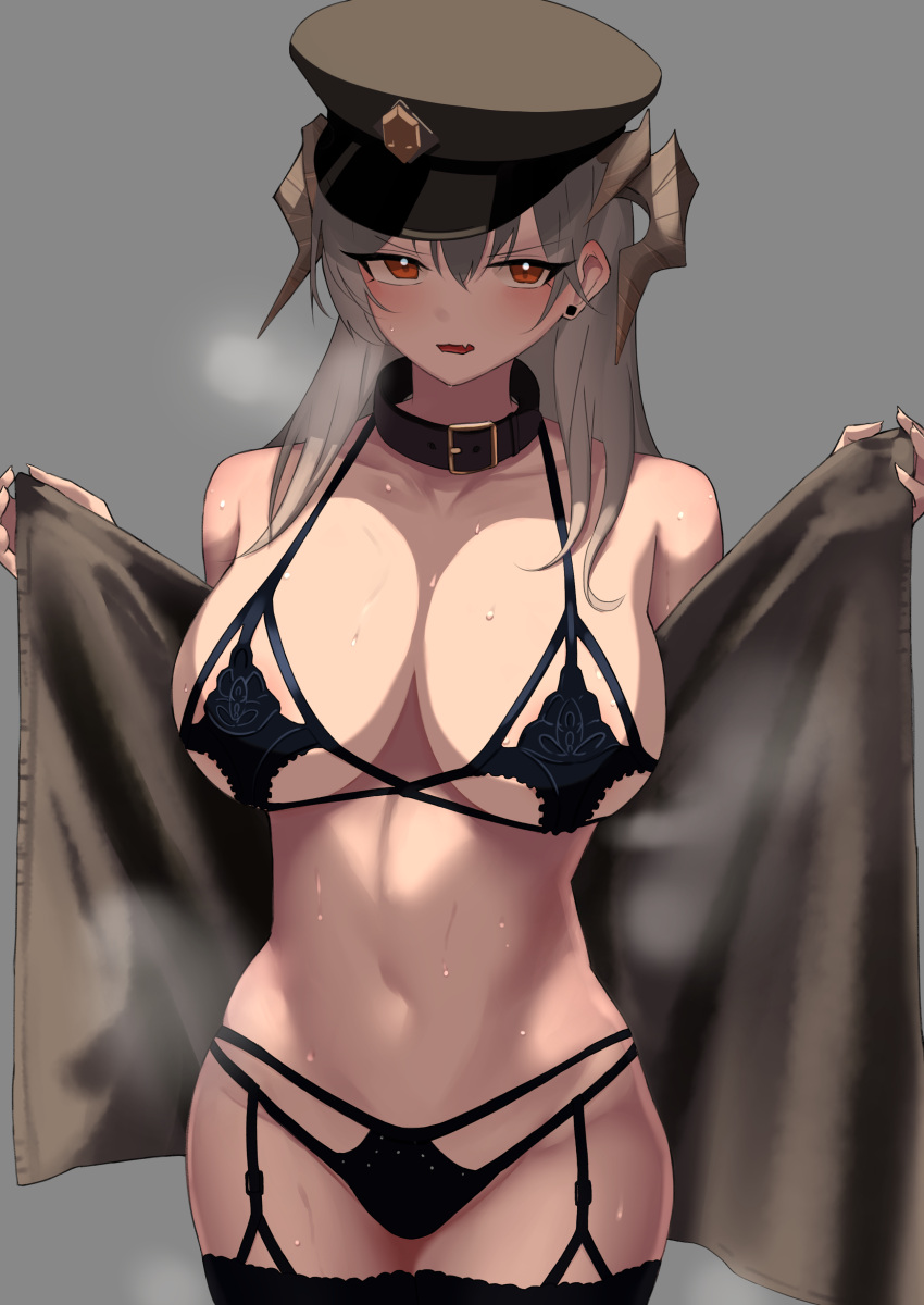 360_(taiyo360) absurdres arknights black_bra black_legwear black_panties bra breasts cleavage collar cowboy_shot earrings grey_background hat highres horns jewelry large_breasts navel orange_eyes panties police_hat saria_(arknights) stud_earrings towel underwear wet