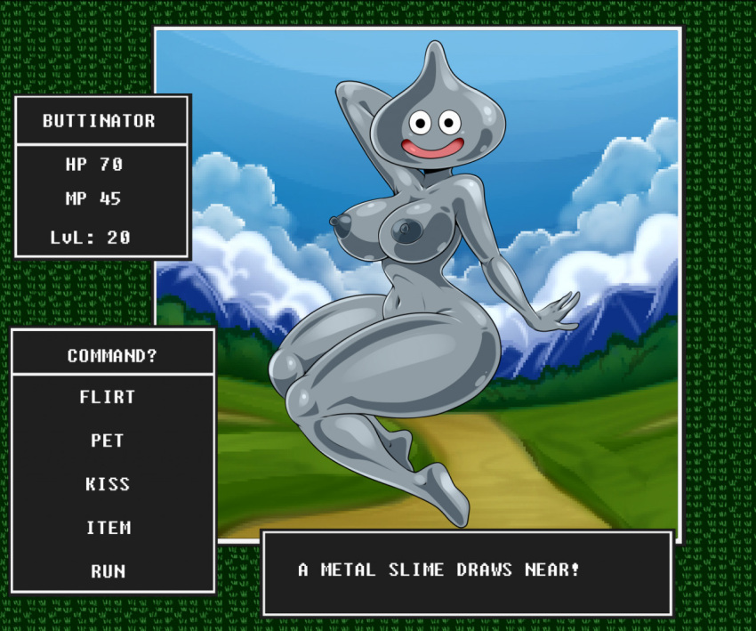 2022 anthro anthrofied breasts dragon_quest english_text female gameplay_mechanics lonbluewolf looking_at_viewer metal_slime navel nipples open_mouth pose solo square_enix text video_games