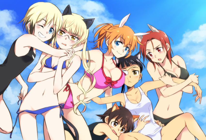 6+girls agahari animal_ears bikini black_hair blonde_hair blue_eyes brown_eyes brown_hair cat_ears charlotte_e._yeager dog_ears erica_hartmann glasses heterochromia minna-dietlinde_wilcke miyafuji_yoshika multiple_girls navel orange_hair perrine_h._clostermann ponytail rabbit_ears red_eyes red_hair sakamoto_mio school_swimsuit strike_witches swimsuit world_witches_series yellow_eyes