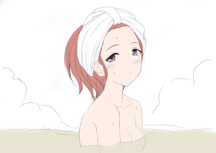 1girl absurdres bathing breasts brown_hair collarbone commentary_request expressionless eyelashes forehead highres higuchi_madoka idolmaster idolmaster_shiny_colors looking_at_viewer medium_breasts mole mole_under_eye nakonako on_water purple_eyes solo steam towel towel_on_head upper_body wet white_towel