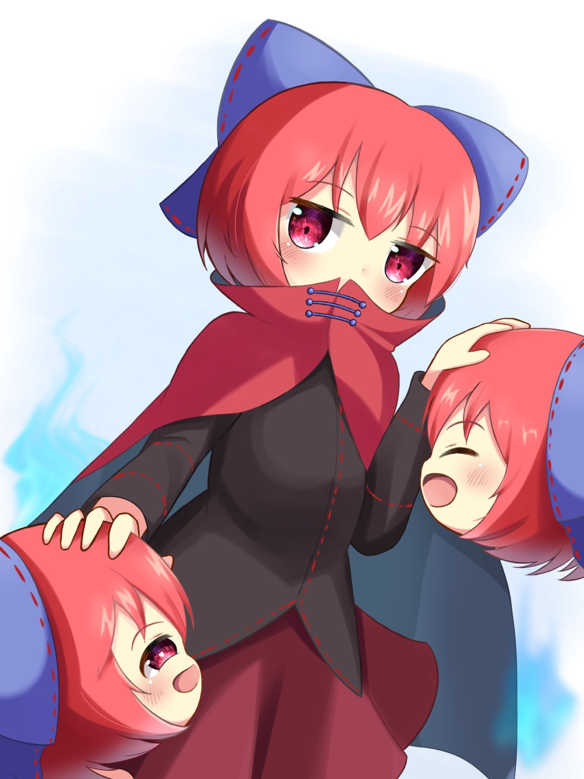 1girl :d black_shirt bow cloak closed_eyes cowboy_shot disembodied_head hair_bow headpat highres koruk700 looking_at_another looking_at_viewer multiple_heads open_mouth purple_bow red_eyes red_hair red_skirt sekibanki sekibanki_day shirt short_hair skirt smile solo standing touhou