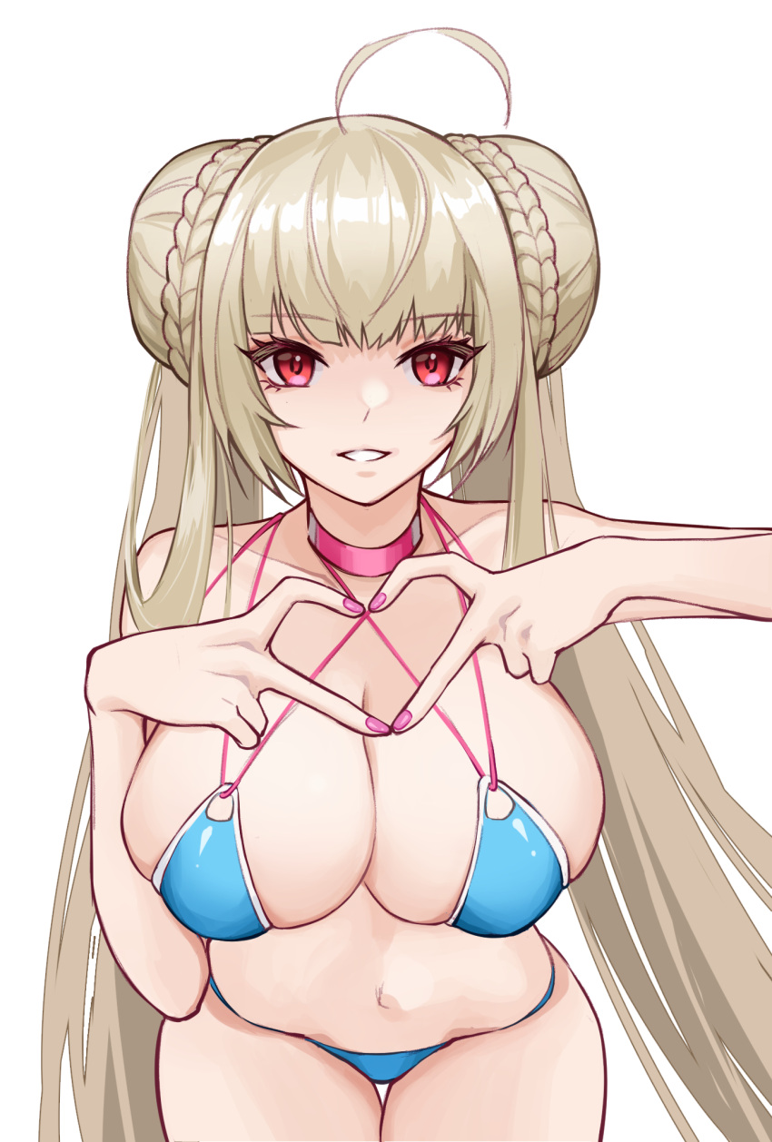 1girl aqua_swimsuit azur_lane bangs bare_shoulders blonde_hair braid breasts cleavage collarbone danxing_aipangzi double_bun eyebrows_visible_through_hair feet_out_of_frame formidable_(azur_lane) formidable_(the_lady_of_the_beach)_(azur_lane) heart heart_hands highres large_breasts leaning_forward light_blush long_hair looking_at_viewer nail_polish navel official_alternate_costume open_mouth pink_nails red_eyes smile solo standing swimsuit very_long_hair white_background