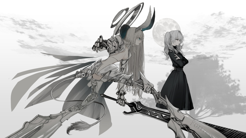 2girls android black_dress blue_eyes breasts colored_skin crossed_arms dress full_moon grey_hair highres holding holding_sword holding_weapon horns long_hair mechanical_arms mechanical_legs medium_breasts moon multiple_girls multiple_halos narue original pale_skin parted_lips sideboob sword tail twintails weapon white_hair white_skin wide-eyed