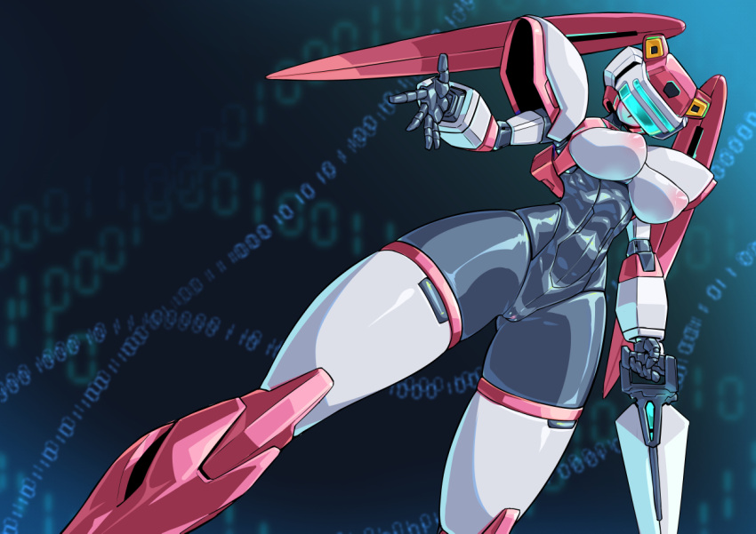 1girl android armor black_skin breasts colored_skin facing_viewer fei-yen hand_up holding holding_sword holding_weapon joints large_breasts nipples pauldrons pink_hair pochincoff robot robot_joints shoulder_armor standing sword thighhighs twintails virtual_on visor weapon