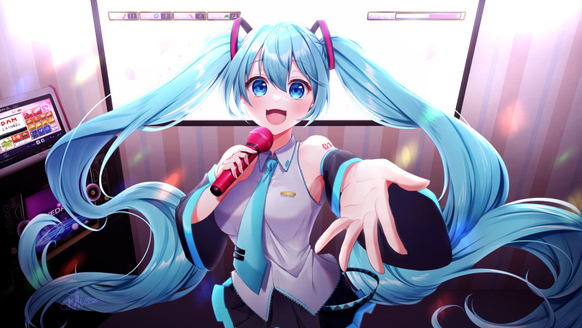 1girl :d bangs black_skirt black_sleeves blue_eyes blue_hair blue_necktie blush breasts collared_shirt detached_sleeves dress_shirt eyebrows_visible_through_hair floating_hair grey_shirt hair_between_eyes hair_ornament hatsune_miku highres holding holding_microphone indoors karaoke_box long_hair long_sleeves looking_at_viewer medium_breasts microphone miniskirt music nagura_shiro necktie open_mouth outstretched_arm pleated_skirt reaching_out shiny shiny_hair shirt singing skirt sleeveless sleeveless_shirt smile solo standing twintails very_long_hair vocaloid wing_collar