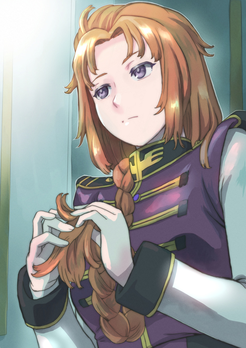 1girl absurdres braid braided_ponytail brown_hair closed_mouth gloves gundam gundam_unicorn hair_intakes hair_over_shoulder highres indoors k_katora long_hair long_sleeves marida_cruz ponytail purple_eyes shiny shiny_hair solo upper_body very_long_hair white_gloves