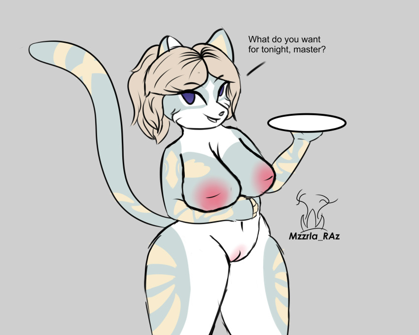 absurd_res anthro big_breasts breasts digital_media_(artwork) domestic_cat felid feline felis female fur genitals hair hi_res holding_object holding_plate looking_at_viewer mammal mzzrlaraz nude pink_pussy plate pussy sabrina simple_background solo standing text