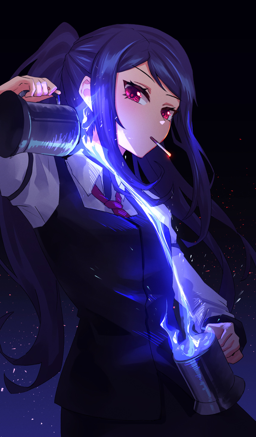 1girl absurdres alcohol bartender blue_fire cigar cocktail cup decantering fire highres holding holding_cup jill_stingray necktie pouring purple_hair red_eyes smoking solo sparks va-11_hall-a vest yumesphere