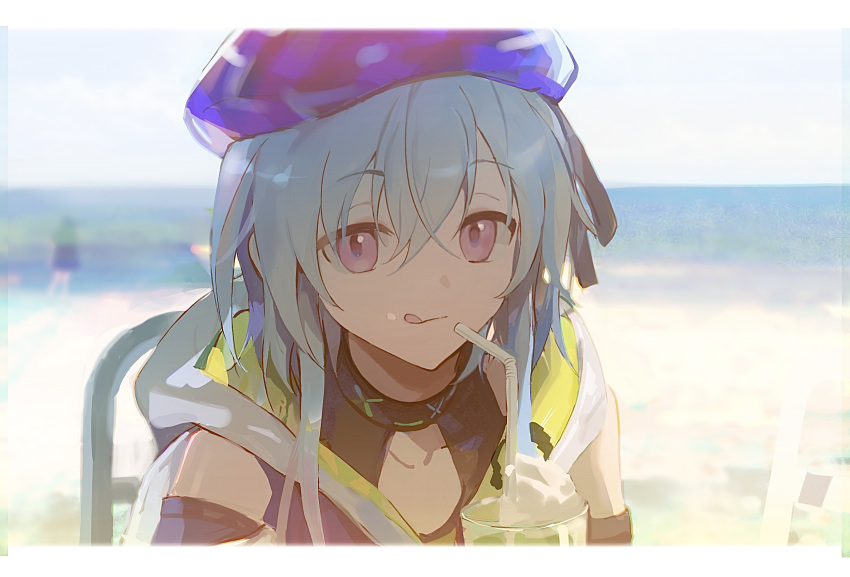 1boy :p androgynous arknights bangs bare_shoulders beach beret black_ribbon black_shirt blue_cloak blue_hair blue_headwear blurry blurry_background choker cloak closed_mouth commentary_request cup drinking_straw eyebrows_behind_hair gradient_hair hair_between_eyes hat highres hood hood_down hooded_cloak infection_monitor_(arknights) letterboxed looking_at_viewer male_focus mizuki_(arknights) multicolored_hair neckerchief otoko_no_ko outdoors pink_eyes purple_hair red_eyes ribbon shirt short_hair_with_long_locks shusuzu sidelocks sleeveless sleeveless_shirt smile solo tongue tongue_out upper_body white_cloak