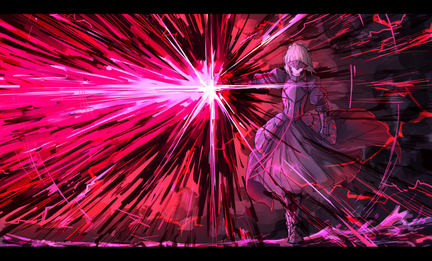 1girl absurdres armor artoria_pendragon_(fate) black_border border braid darkness dress energy excalibur_morgan_(fate) fate/stay_night fate_(series) french_braid glowing glowing_sword glowing_weapon highres kan_(aaaaari35) mask saber_alter solo sword weapon