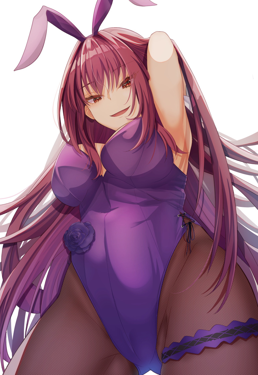 absurdres animal_ears arms_behind_head breasts cleavage commentary_request fate/grand_order fate_(series) fishnets hairband highleg highleg_leotard highres leotard long_hair medium_breasts official_alternate_costume open_mouth pantyhose playboy_bunny purple_hairband purple_leotard rabbit_ears red_eyes red_hair scathach_(fate) scathach_(piercing_bunny)_(fate) strapless strapless_leotard thigh_strap tights_day very_long_hair wa_layla