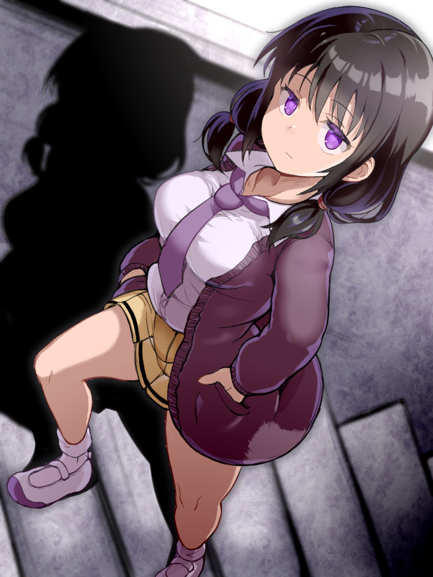 1girl absurdres alternate_breast_size bangs black_hair breasts buttons cardigan closed_mouth collared_shirt commentary_request expressionless eyebrows_visible_through_hair hands_in_pockets highres large_breasts long_hair long_sleeves low_twintails miniskirt necktie open_cardigan open_clothes pleated_skirt purple_cardigan purple_necktie school_uniform shadow shirt shirt_tucked_in shoes skirt solo stairs tamura_yuri tomato_cyuki twintails uwabaki walking watashi_ga_motenai_no_wa_dou_kangaetemo_omaera_ga_warui! white_footwear white_legwear white_shirt yellow_skirt