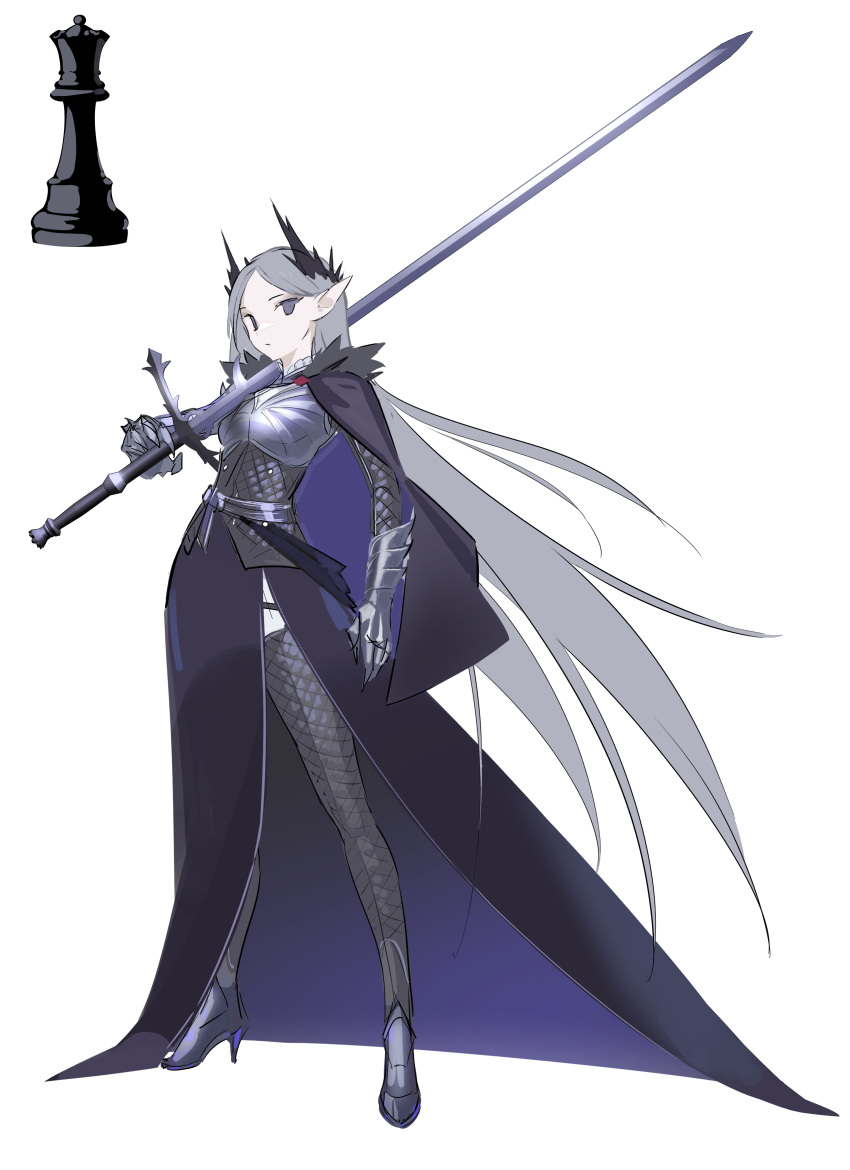 1girl absurdres armor breastplate cape chess_piece closed_mouth contrapposto crown full_body grey_hair high_heels highres holding holding_sword holding_weapon long_hair long_skirt long_sword looking_at_viewer milim_nova original over_shoulder personification pointy_ears purple_cape purple_eyes purple_skirt rook_(chess) simple_background skirt solo standing sword thighhighs two-sided_cape two-sided_fabric very_long_hair weapon weapon_over_shoulder white_background zweihander