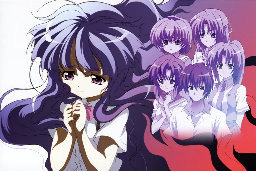 5girls bangs blonde_hair bow furude_rika highres higurashi_no_naku_koro_ni houjou_satoko long_hair looking_at_another maebara_keiichi monochrome multiple_girls official_art purple_eyes ryuuguu_rena sad sakai_kyuuta school_uniform serafuku serious short_hair siblings sisters sonozaki_mion sonozaki_shion suspenders twins very_long_hair worried