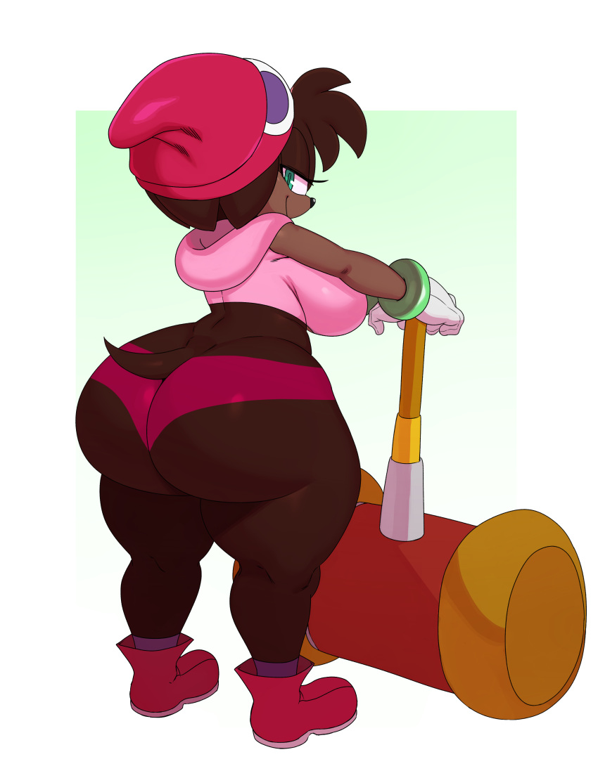 absurd_res amitie amy_rose anthro big_breasts big_butt bottomwear breasts brown_body brown_hair butt clothing cosplay curvy_figure edit eulipotyphlan female green_eyes hair hammer hedgehog hi_res hoodie hotpants huge_breasts huge_butt looking_at_viewer looking_back looking_back_at_viewer mammal pink_clothing pink_underwear puyo_puyo rear_view sega shorts solo sonic_the_hedgehog_(series) sssonic2 standing thick_thighs tools topwear underwear voluptuous wide_hips