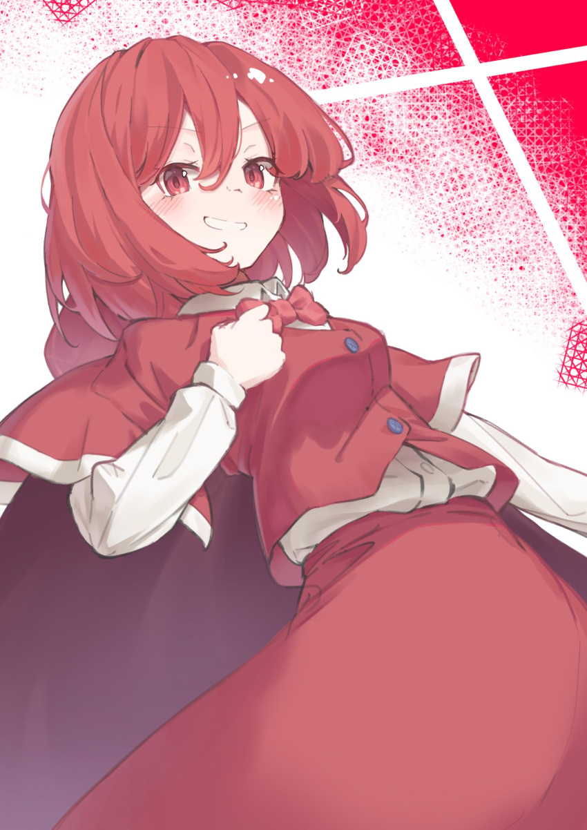 1girl bangs blush bow bowtie cape capelet from_below garasuno grin hair_between_eyes highres long_sleeves looking_at_viewer okazaki_yumemi red_bow red_bowtie red_cape red_capelet red_eyes red_hair red_skirt shirt short_hair simple_background skirt smile solo touhou touhou_(pc-98)