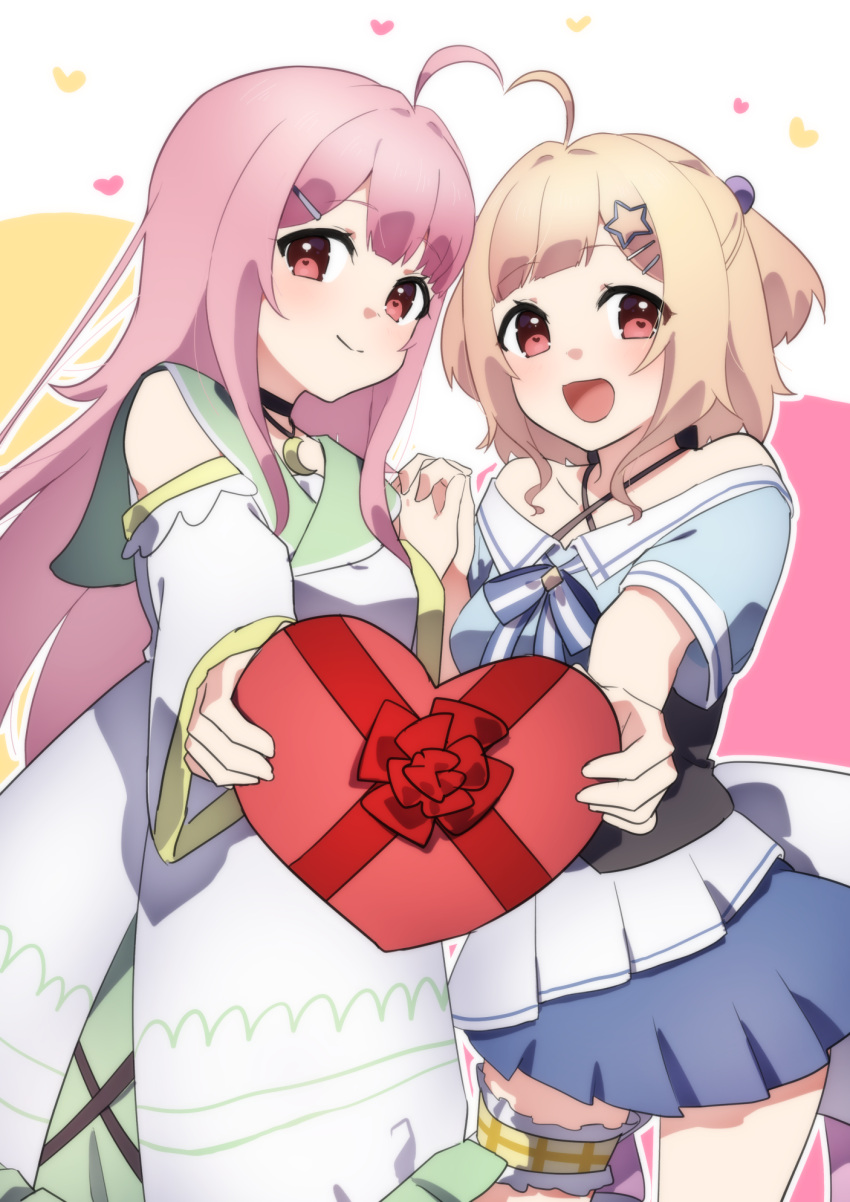 2girls :d ahoge blonde_hair blue_shirt blue_skirt box closed_mouth copyright_request criss-cross_halter detached_sleeves dress gift gift_box hair_bobbles hair_ornament hairclip halterneck heart-shaped_box highres holding holding_gift holding_hands interlocked_fingers kitasaya_ai long_hair long_sleeves looking_at_viewer multiple_girls off-shoulder_shirt off_shoulder pink_hair pleated_skirt red_eyes shirt short_sleeves skirt sleeveless sleeveless_dress sleeves_past_wrists smile star_(symbol) star_hair_ornament two_side_up very_long_hair virtual_youtuber white_dress white_sleeves wide_sleeves
