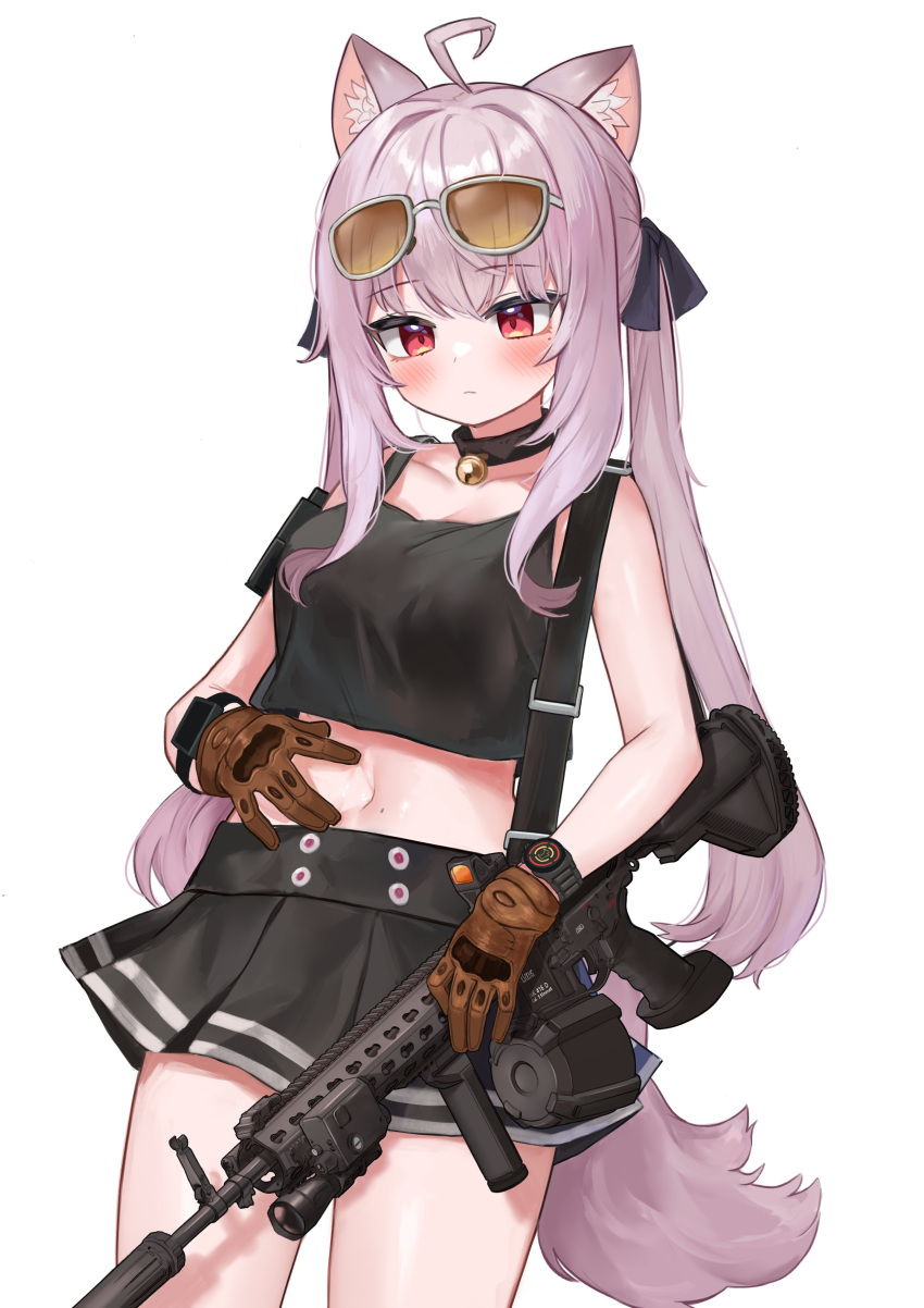 1girl absurdres ahoge animal_ears bare_arms bare_shoulders bell black_choker black_shirt black_skirt breasts brown_gloves choker closed_mouth cowboy_shot crop_top eyewear_on_head gloves gun hand_on_own_stomach highres jingle_bell light_machine_gun long_hair looking_at_viewer medium_breasts midriff miniskirt mole mole_on_stomach mole_under_eye navel original pleated_skirt pocari_(sq551) shirt simple_background skirt sleeveless sleeveless_shirt solo standing stomach sunglasses tail thighs twintails weapon weapon_request white_background wolf_ears wolf_girl wolf_tail