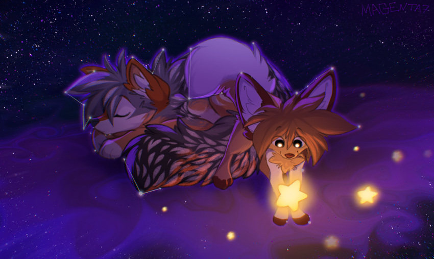 2022 brown_body brown_fur brown_hair canid canine canis coyote detailed_background digital_media_(artwork) fennec fox fur hair magenta7 mammal night outside sky smile star starry_sky