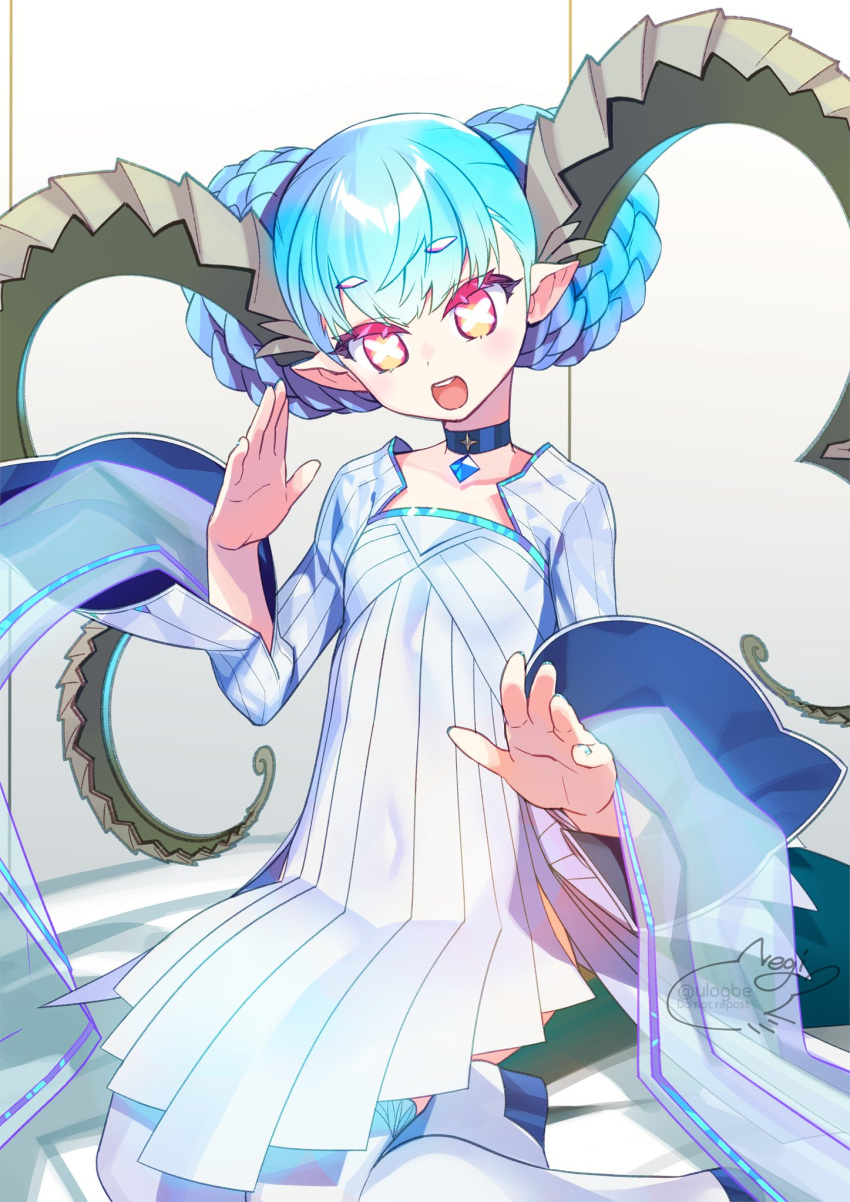 +_+ 1girl aqua_hair bangs braid breasts choker crown_braid curled_horns dress fate/grand_order fate/grand_order_arcade fate_(series) highres horns jewelry larva_tiamat_(fate) long_hair long_horns long_sleeves looking_at_viewer negi_(ulog'be) open_mouth pendant pink_eyes pointy_ears ribbed_dress small_breasts smile solo symbol-shaped_pupils tail thighhighs thighs tiamat_(fate) white_dress white_legwear