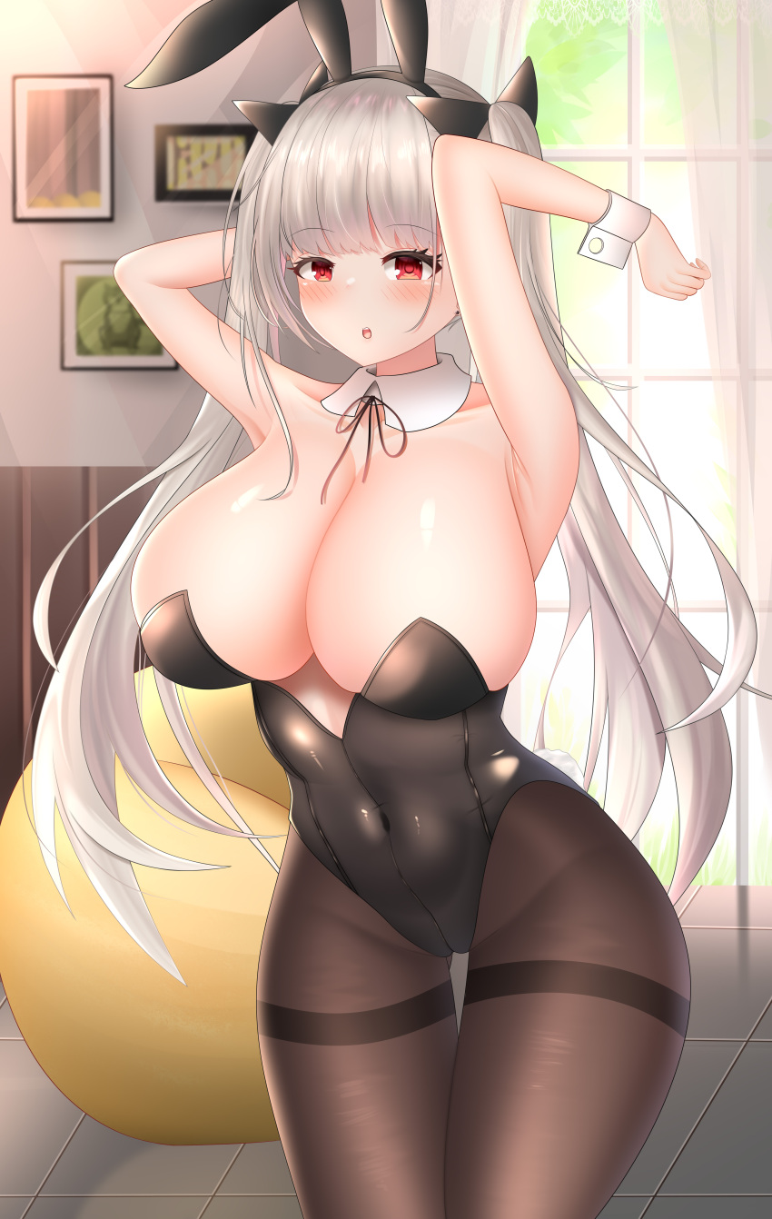 1girl absurdres alternate_costume animal_ears arms_behind_head azur_lane black_leotard breasts covered_navel curtains detached_collar fake_animal_ears formidable_(azur_lane) grey_hair highleg highleg_leotard highres huge_breasts indoors laochen leotard long_hair looking_at_viewer pantyhose picture_(object) playboy_bunny rabbit_ears red_eyes solo standing strapless strapless_leotard thigh_gap thighband_pantyhose thighs undersized_breast_cup white_curtains window wrist_cuffs