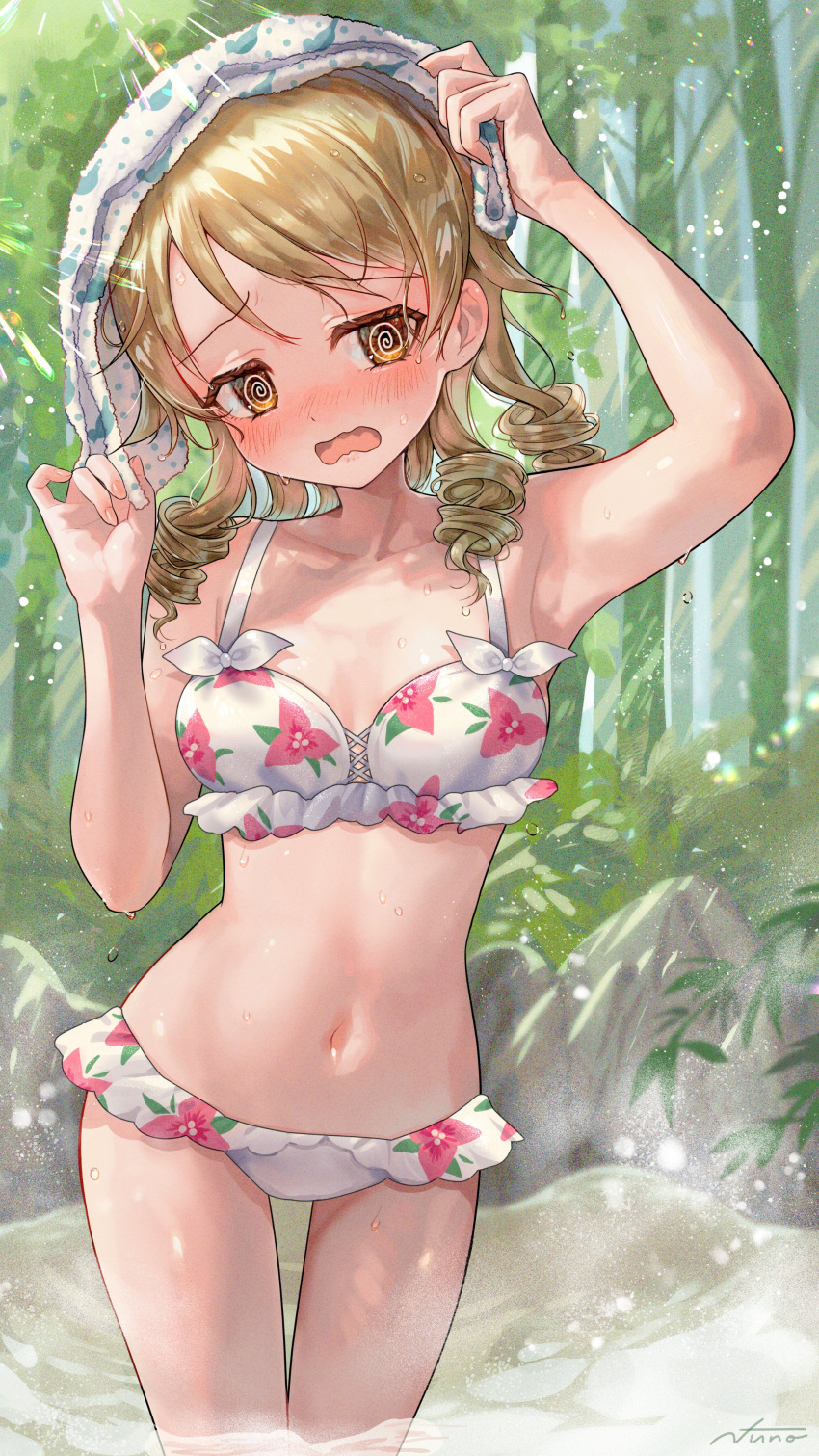 1girl @_@ absurdres bangs bikini blush breasts collarbone commentary_request day drill_hair ear_blush embarrassed floral_print frilled_bikini frills hands_up highres idolmaster idolmaster_cinderella_girls light_brown_hair looking_away medium_hair morikubo_nono navel open_mouth outdoors plant print_bikini print_towel small_breasts solo stomach sunlight swimsuit thighs towel towel_on_head water wavy_mouth wet white_bikini yukinuno