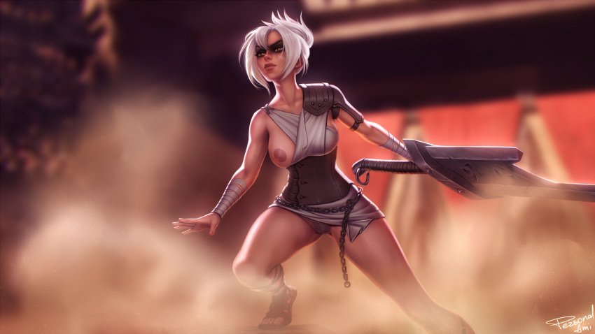 1girl arena armor bandaged_wrist bandages breasts brown_eyes closed_mouth corset eyeshadow female_pubic_hair fighting_stance folded_ponytail grey_skirt highres holding holding_sword holding_weapon huge_weapon large_breasts league_of_legends makeup miniskirt nipples no_panties one_breast_out outdoors pauldrons personal_ami pubic_hair riven_(league_of_legends) sandals shoulder_armor single_pauldron skirt skirt_aside solo standing sword weapon white_hair
