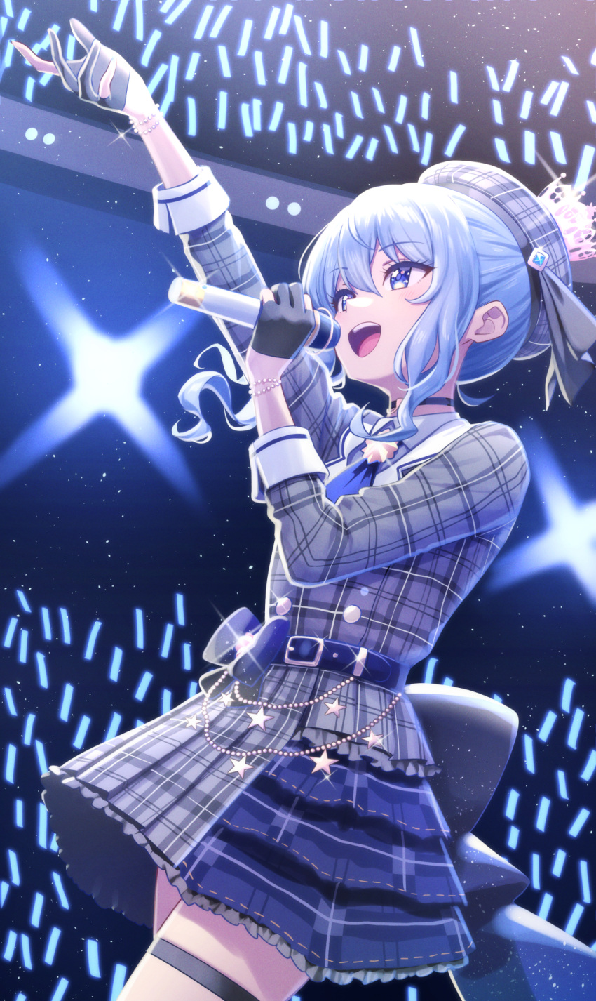 1girl arm_up bangs belt beret black_choker black_gloves blue_eyes blue_hair choker commentary_request cowboy_shot crown deadnooodles dress gloves hair_between_eyes hand_up hat highres holding holding_microphone hololive hoshimachi_suisei microphone music open_mouth partially_fingerless_gloves plaid plaid_dress short_dress short_hair short_hair_with_long_locks sidelocks singing solo teeth thigh_strap upper_teeth virtual_youtuber