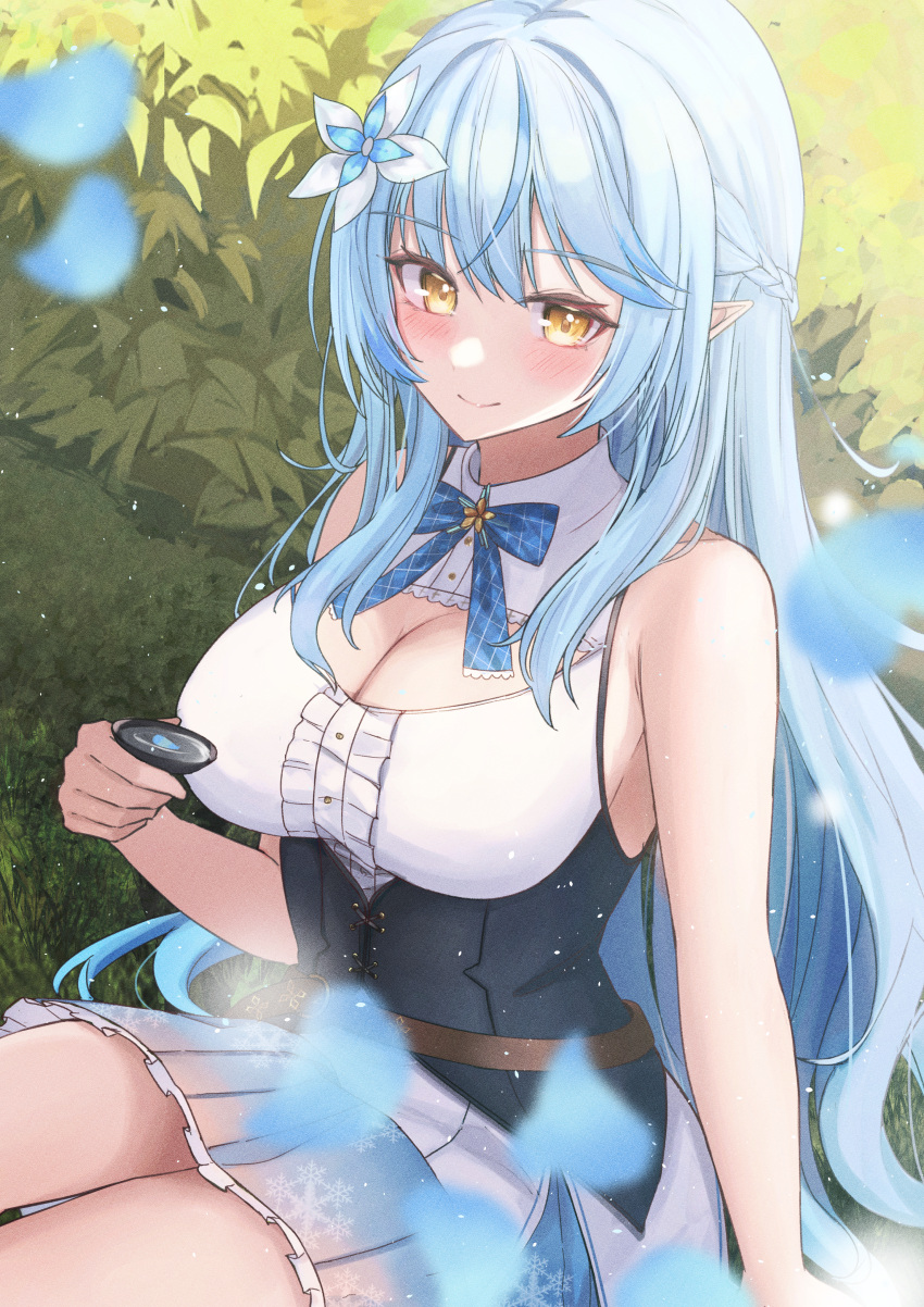 1girl absurdres alcohol arm_support bangs bare_arms blue_bow blue_bowtie blue_hair blush bow bowtie braid breasts cleavage drink elf eyebrows_visible_through_hair falling_petals flower frills grass hair_flower hair_ornament highres holding holding_drink hololive large_breasts long_hair looking_down mofu07519 outdoors petals plant pleated_skirt pointy_ears sake sidelocks sitting skirt sleeveless solo thighs virtual_youtuber yellow_eyes yukihana_lamy