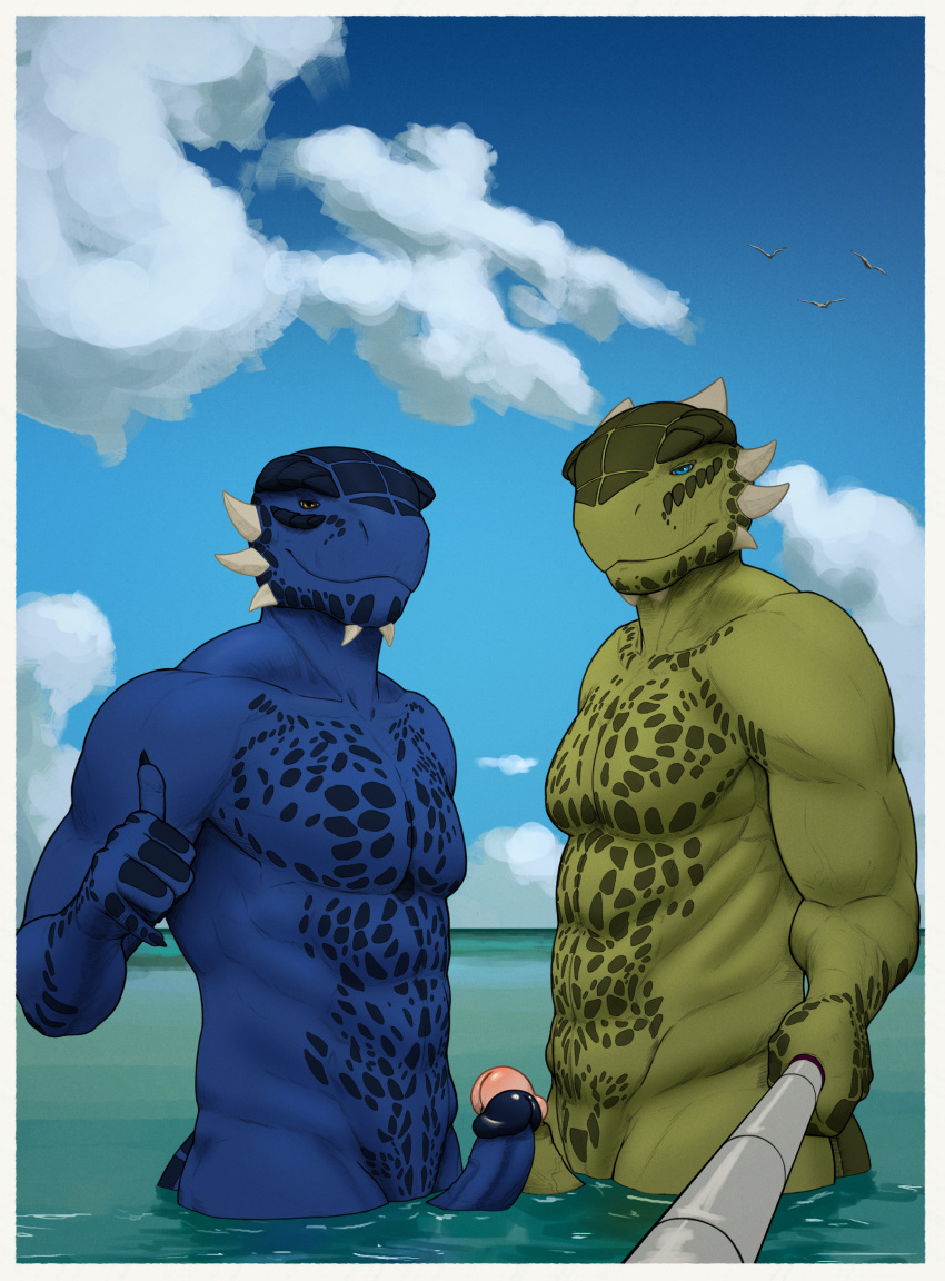 abs absurd_res anthro argonian beach bethesda_softworks biceps blue_body blue_eyes blue_scales claws digital_media_(artwork) erection genitals hi_res horn humanoid_genitalia humanoid_penis looking_at_viewer male muscular muscular_anthro muscular_male nude outside pecs penis reptile scales scalie sea seaside selfie shen_(archshen) sky smile tall_lizzard_(artist) the_elder_scrolls tristen video_games water