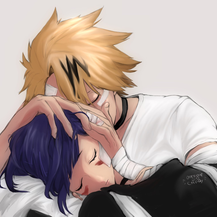 1boy 1girl anemone_mama bandages bed black_hair black_shirt blonde_hair boku_no_hero_academia choker closed_eyes couple facepaint grey_background hand_on_another's_face hand_on_another's_head hetero highres hospital hospital_bed hurt injury jirou_kyouka kaminari_denki lying shirt short_hair simple_background sleeping white_shirt