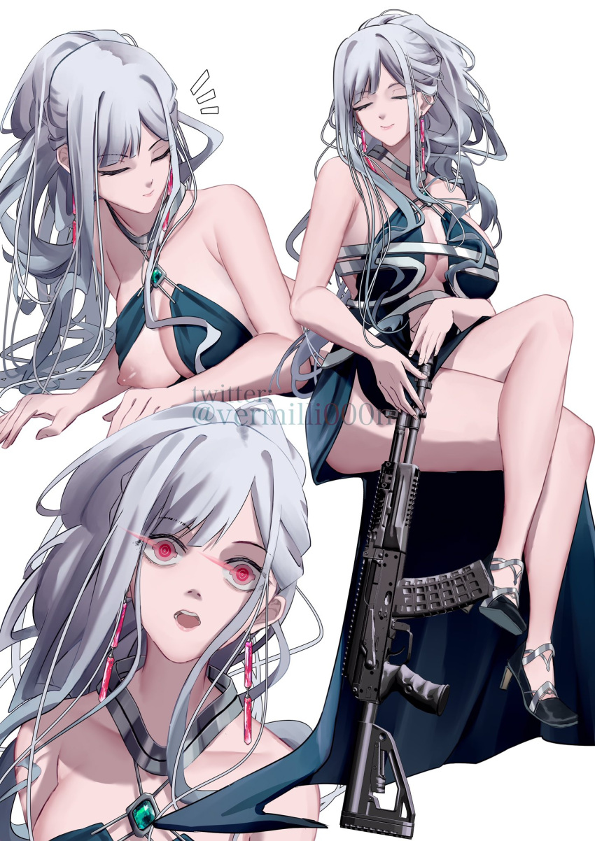 1girl ak-12 ak-12_(girls'_frontline) ak-12_(quiet_azure)_(girls'_frontline) aqua_dress assault_rifle bangs bare_shoulders black_footwear breasts cleavage closed_eyes closed_mouth collarbone crossed_legs dress earrings eyebrows_visible_through_hair full_body girls'_frontline grey_hair gun hair_ornament high_heels highres jewelry kalashnikov_rifle legs lips long_hair looking_at_viewer lying medium_breasts nipples official_alternate_costume on_stomach open_mouth parted_lips red_eyes rifle sitting smile solo teeth thighs twitter_username upper_teeth vermilli000n weapon white_background