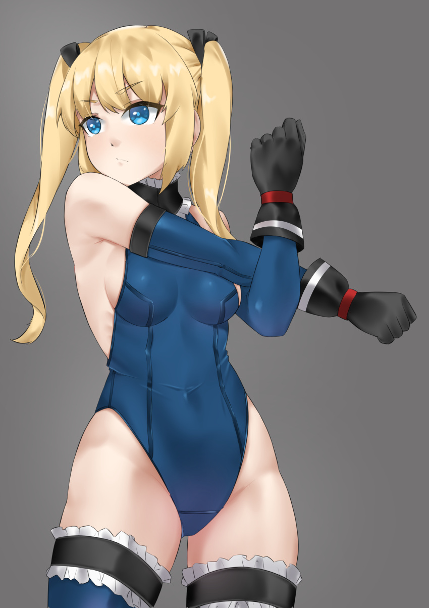 1girl absurdres black_gloves black_ribbon blonde_hair blue_eyes blue_legwear blue_leotard breasts casperrin commentary_request cowboy_shot dead_or_alive dead_or_alive_5 detached_sleeves frilled_legwear frilled_leotard frills gloves grey_background hair_ornament hair_ribbon highres leotard long_hair marie_rose ribbon simple_background small_breasts solo stretch twintails x_hair_ornament