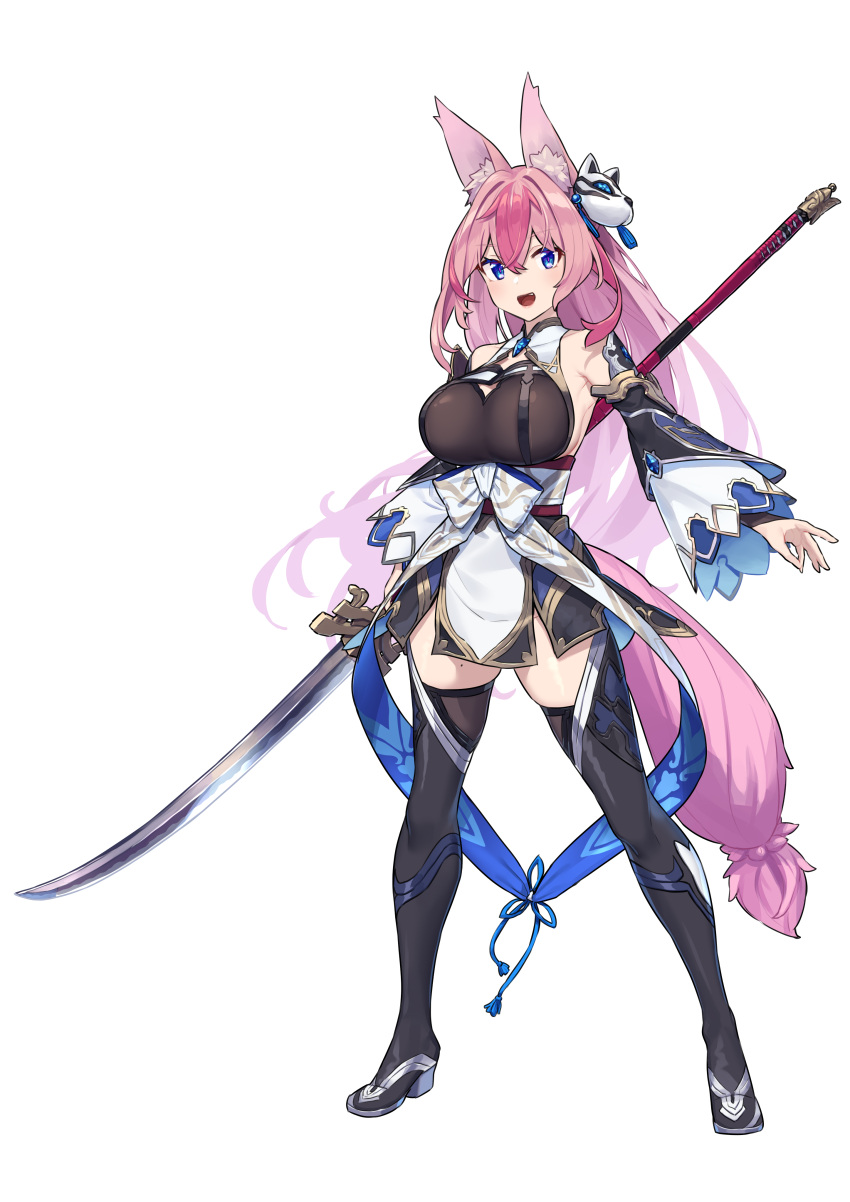 1girl absurdres animal_ears baffu bare_shoulders blue_eyes breasts commentary_request detached_sleeves duplicate eyebrows_visible_through_hair fox_ears fox_girl fox_tail full_body hair_between_eyes hanayono_menora highres holding holding_polearm holding_weapon indie_virtual_youtuber large_breasts long_hair looking_at_viewer mole mole_on_thigh naginata open_mouth pink_hair pixel-perfect_duplicate polearm simple_background solo standing tail thighhighs tongue very_long_hair virtual_youtuber weapon white_background