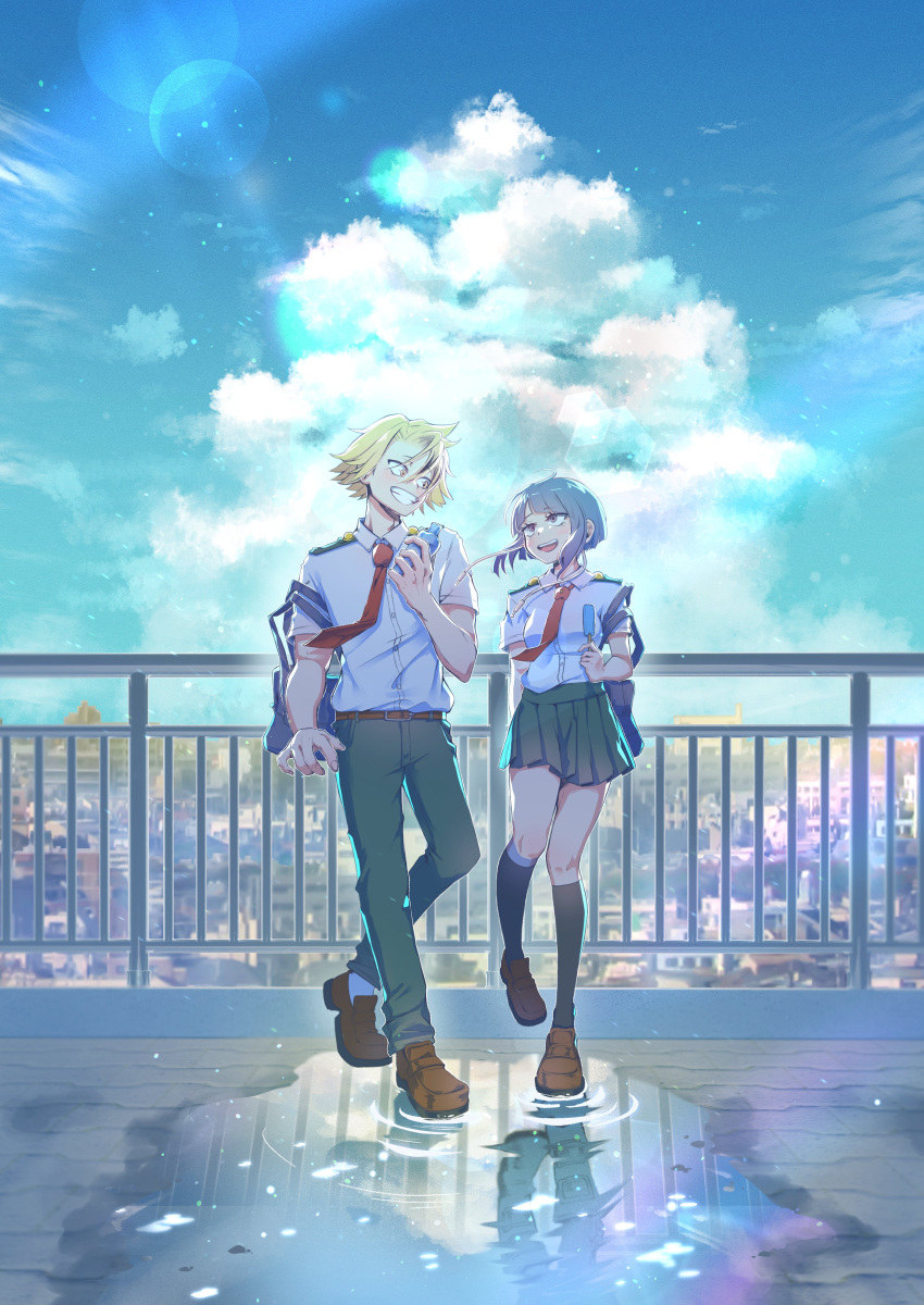 1boy 1girl absurdres backpack bag blonde_hair blue_sky boku_no_hero_academia bottle couple dating food hetero highres ice_cream kneehighs knees legs looking_at_another open_mouth puddle purple_hair rooftop school school_uniform short_hair skirt sky smile socks thighs ye_77i