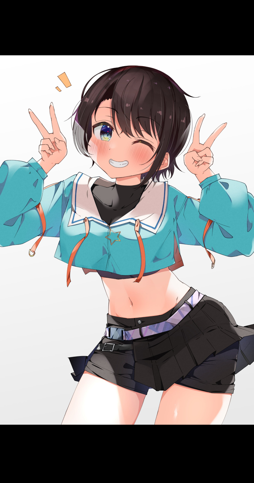 1girl absurdres black_hair black_shorts black_skirt blue_eyes blush breasts clenched_teeth clothes_pull double_v highres kuno_(kc9s) large_breasts messy_hair midriff one_eye_closed oozora_subaru short_hair shorts shorts_pull skirt smile teeth v