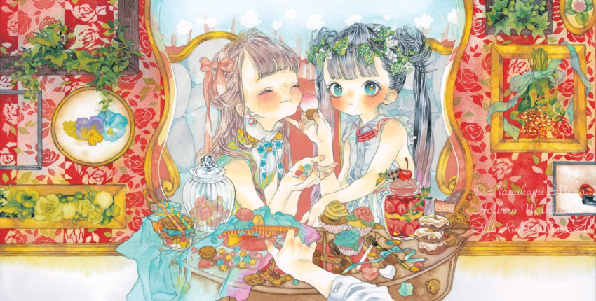 1other 2girls applying_makeup aqua_eyes bangs bare_shoulders benko black_hair blunt_bangs blush brown_hair candy cherry closed_eyes commentary_request cookie cupcake double_bun doughnut dress earrings expressionless floral_print flower food fork fruit hair_bun hair_flower hair_ornament hair_ribbon holding holding_candy holding_food jar jewelry konpeitou leaf leaf_hair_ornament long_hair looking_at_viewer macaron multiple_girls neck_ribbon original painting_(medium) painting_(object) pov pov_hands ribbon rose_print sleeveless sleeveless_dress smile strawberry traditional_media twintails upper_body watercolor_(medium)