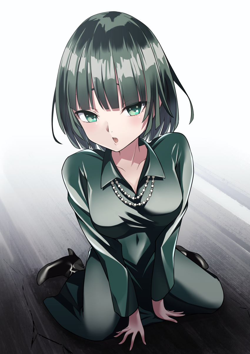 1girl absurdres bangs black_dress breasts commentary_request covered_collarbone covered_nipples day dress earrings fubuki_(one-punch_man) green_eyes hair_between_eyes highres jewelry large_breasts long_sleeves looking_at_viewer one-punch_man parted_lips revision short_hair sitting solo thick_thighs thighs turtleneck_dress yub4