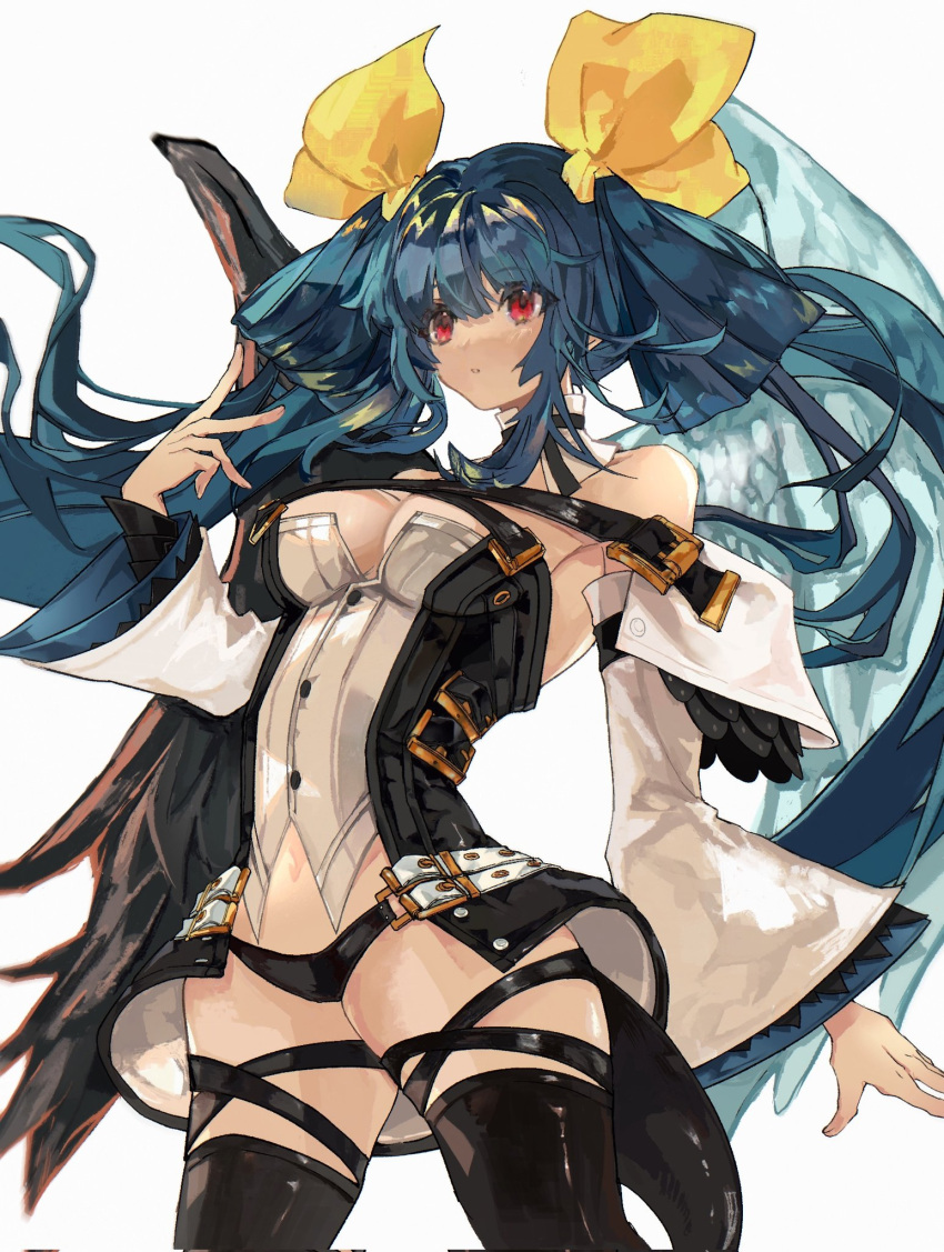 1girl angel_wings arm_up armpit_peek armpits asymmetrical_wings bangs bare_shoulders belt black_legwear black_panties blue_hair breasts choker cleavage detached_collar detached_sleeves dizzy_(guilty_gear) found_modori guilty_gear guilty_gear_xrd hair_between_eyes hair_ribbon hair_rings highres large_breasts looking_afar mature_female midriff monster_girl navel panties red_eyes ribbon shaded_face sidelocks solo tail thigh_strap thighhighs thighs twintails underwear v white_background wide_sleeves wings yellow_ribbon